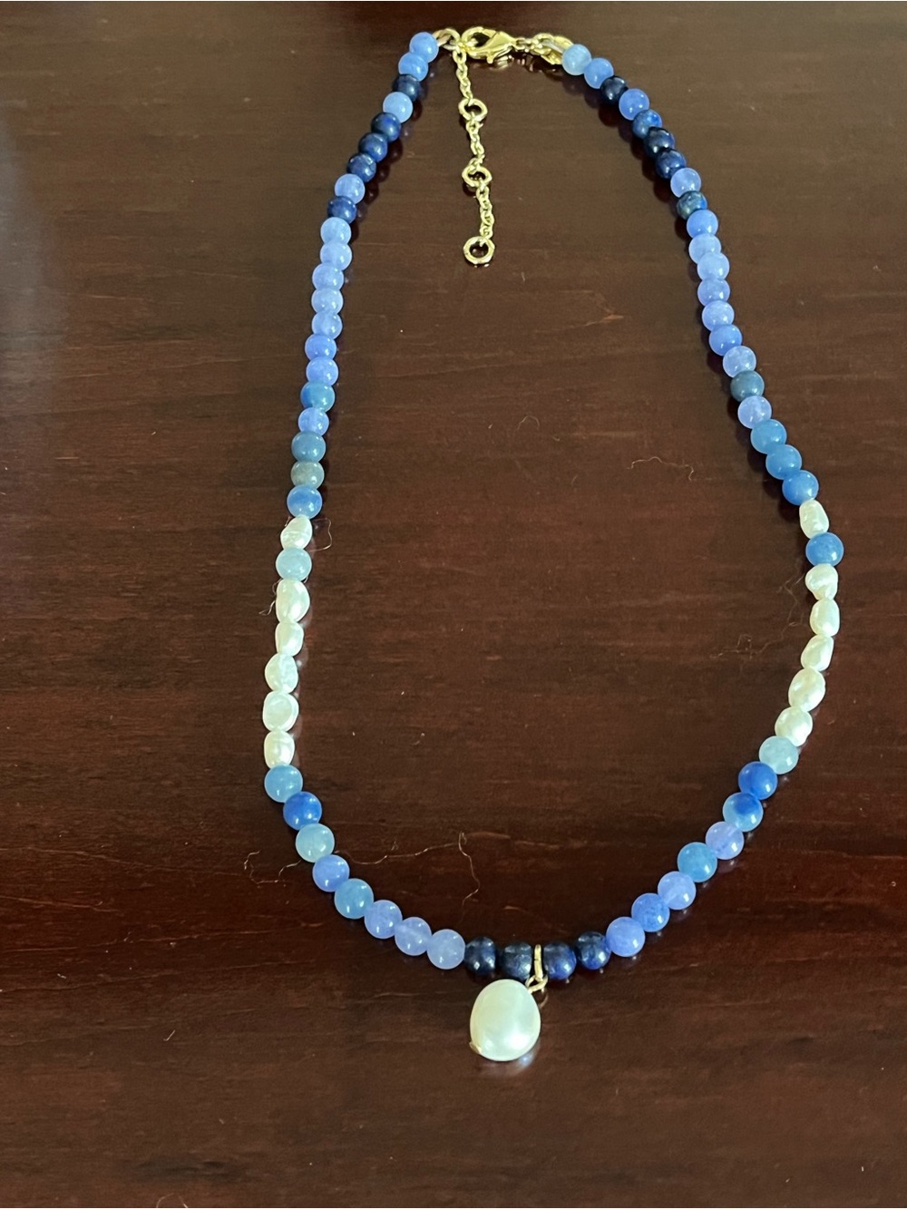 Talbots Blue Beaded Necklace with Pearl Pendant